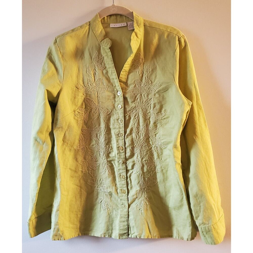 Tweeds Women’s Medium Light Green Button Front Shirt 100% Linen Embroidered